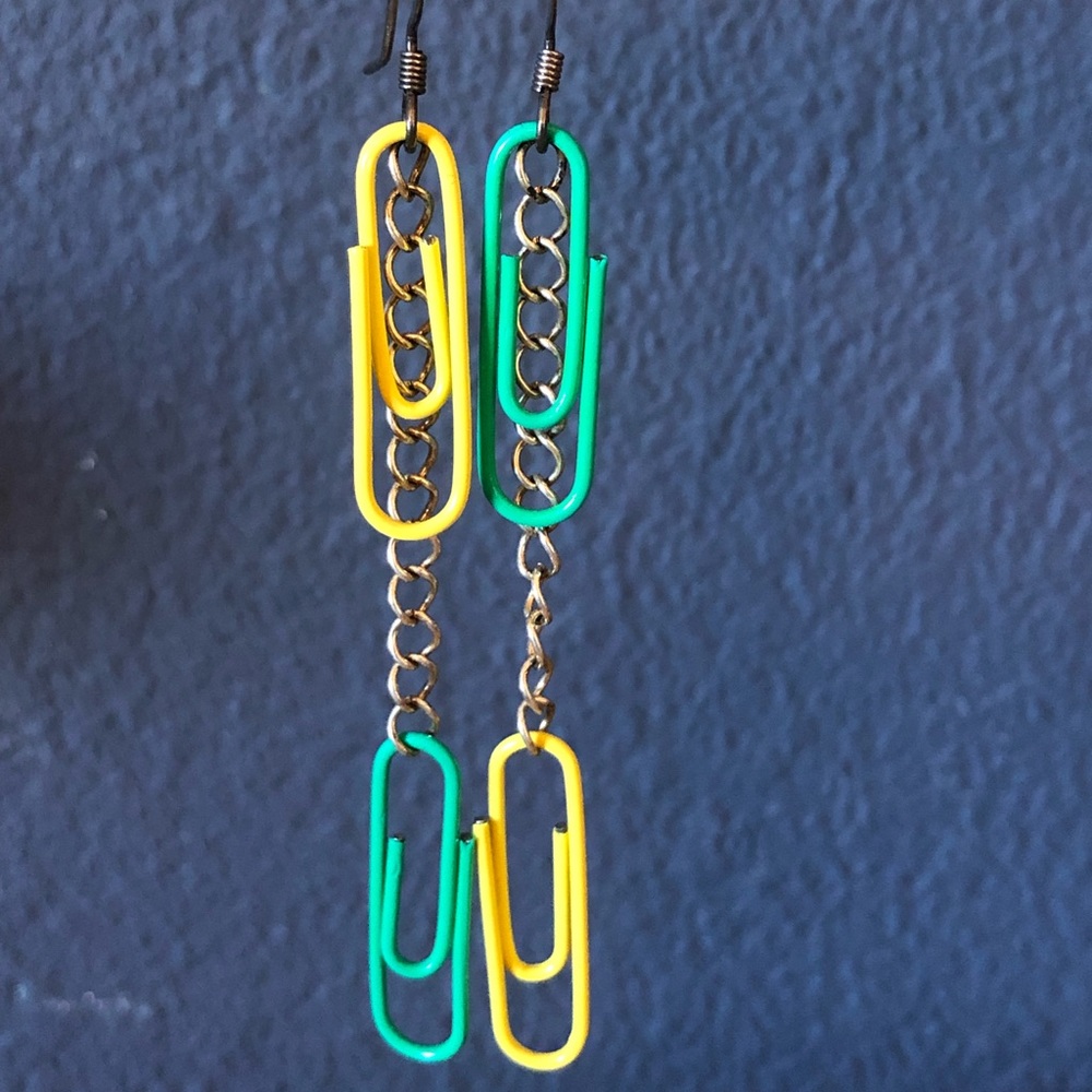 Yellow & Green Paperclip Chain Dangle Earrings, Punk, Artsy
